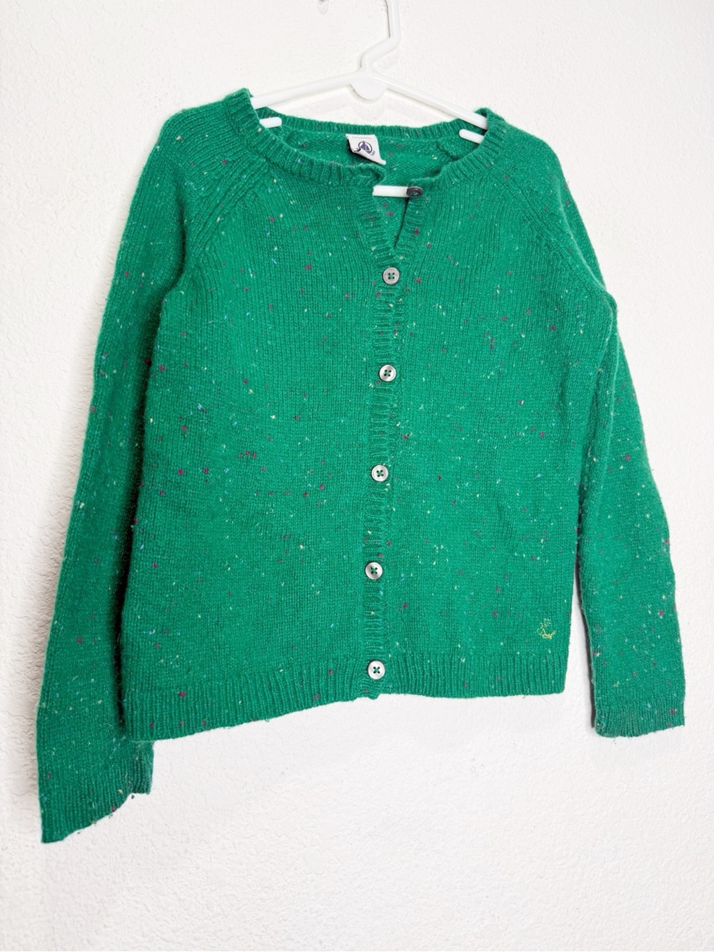 Petit Bateau Wool Blend Speckled Emerald Green Cardigan Sweater